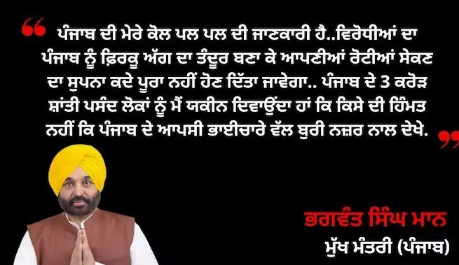 ਪੰਜਾਬ ਨੂੰ ਫ਼ਿਰਕੂ ਅੱਗ ਦਾ ਤੰਦੂਰ ਬਣਾ ਕੇ ਰੋਟੀਆਂ ਸੇਕਣ ਦਾ ਸੁਪਨਾ ਕਦੇ ਪੂਰਾ ਨਹੀਂ ਹੋਵੇਗਾ-ਮਾਨ